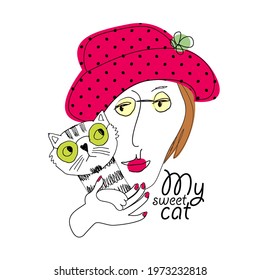 Funny girl with cat and hat. Hand drawn illustration of friends. Vector illustration. Print on T-shirts, bags and other fashion products. Design for children's clothing and accessories.