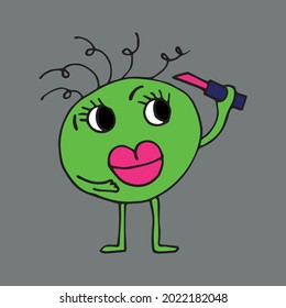 funny girl character with different emotions. The girls are holding different cosmetics in their hands. Curly girl holding lipstick in her hands. Vector. Isolated over white background. Cartoon
