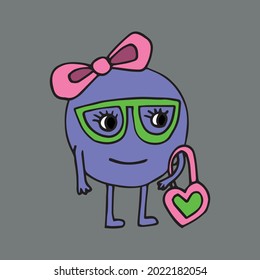 funny girl character with different emotions. The girls are holding different cosmetics in their hands. Girl in glasses. In her hands she holds a handbag heart. Vector. Isolated over white background