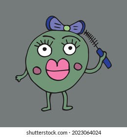 funny girl character with different emotions. The girls are holding different cosmetics in their hands. A girl with plump lips holds mascara in her hands. Vector. Isolated over white background