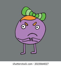 funny girl character with different emotions. The girls are holding different cosmetics in their hands. A mischievous girl with frowning eyebrows. Vector. Isolated over white background. Cartoon