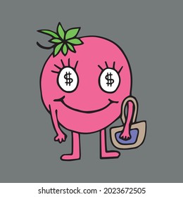 Funny girl character with different emotions. The girls are holding different cosmetics in their hands. A cheerful girl wants to get rich and dreams of money. Vector. Isolated over white background