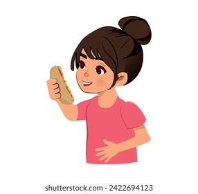 Funny Girl Character Eating Hot Dog Showing Like Vector Illustration