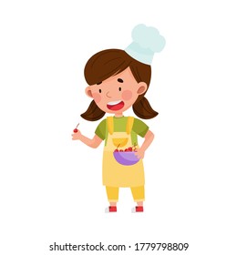 Funny Girl Character in Hat and Apron Carrying Cherry in Bowl for Baking Vector Illustration