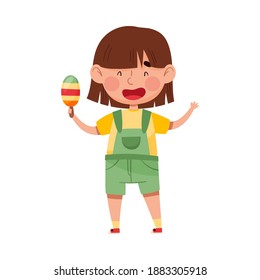 Funny Girl Character Holding Popsickle or Fruit Ice Vector Illustration