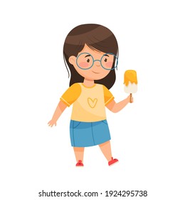 Funny Girl Character Holding Popsickle or Fruit Ice Vector Illustration