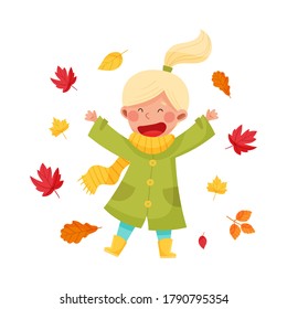 Funny Girl Character in Rubber Boots and Raincoat Throwing Autumn Leaves Vector Illustration