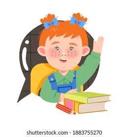 Funny Girl Character Sitting at School Desk Engaged in Primary Education Vector Illustration