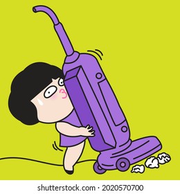 Funny Girl is cleaning up Floor At Room With a Giant Vacuum Cleaner Concept Card Character illustration