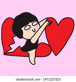 Funny Girl Climbing From One Broken Heart To Other Full Heart Concept Card Character illustration