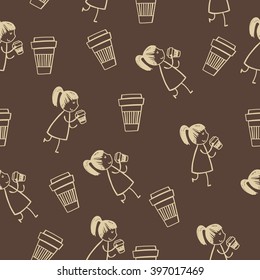 Funny girl and coffee pattern