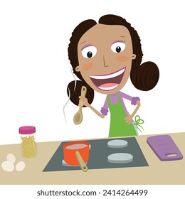 Funny girl cooking on the stove. Vector Illustration.
