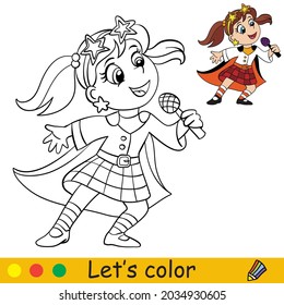 Funny girl in costume of retro disco singer. Coloring book page for children with colorful template. Vector cartoon illustration. For print, preschool education and game