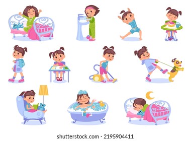 Funny girl daily routine. Everyday kids activities. Little child awakening and doing exercises. Hygiene and studying. Domestic pastime. Teen eating lunch or walking dog