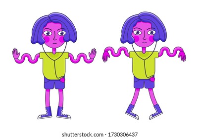 A funny girl is dancing. She has purple short hair, dressed in a t-shirt and shorts. She waves her arms like waves . Vector illustration on music backgraund