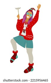 Funny girl dancing in an ugly sweater with a llama face. Ugly sweater party. 