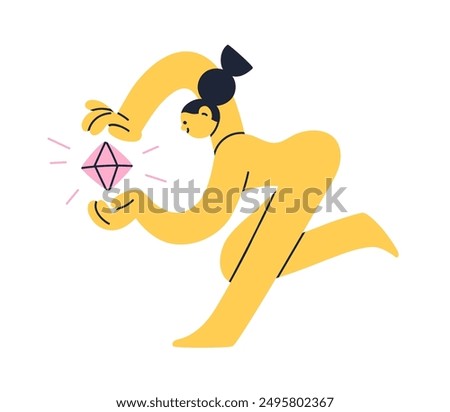 Funny girl with diamond. Creative idea, inspiration, talent and creativity concept. Whimsical modern character with gem stone, crystal, treasure. Flat vector illustration isolated on white background
