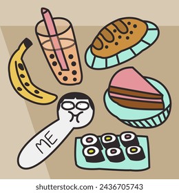 Funny Girl Disguised Herself As A Spoon On Table Full Of Food Concept Card Character illustration