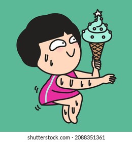 Funny Girl Doing Yoga While Holding Christmas Ice Cream Cone On Her Left Hand. The Perfect Balanced Diet Concept Card Character illustration