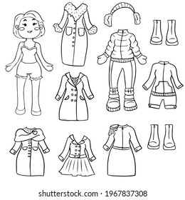 Funny girl doll with a set of clothes. Vector illustration isolated on a white background.Coloring book
