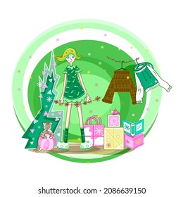A funny girl dressed in green clothes standing near Christmas tree and New Year presents, vector New Year card mainly painted in green colors imaging smiling girl and cat and New Year attributes.