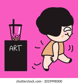 Funny Girl drinks A Glass Of Bubble Milk Tea That Being Showed As An Art Piece Installation At Museum. Food Art Exhibition Concept Card Character illustration