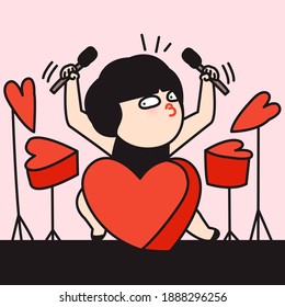 Funny Girl Drumming Red Heart Set. Heart Beats Like A Drum. Valentine's Day Concept Card Character illustration