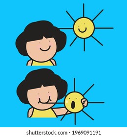 Funny Girl Eating Sun Concept Card Character illustration