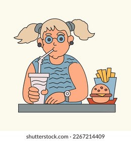 Funny girl eats fast food. Vector color isolated portrait of a young girl with a hamburger, french fries and soda.