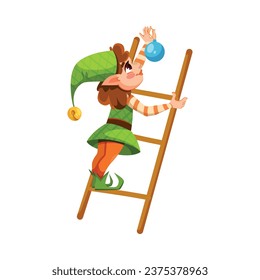 Funny Girl Elf Character on Ladder Hang Bauble Vector Illustration