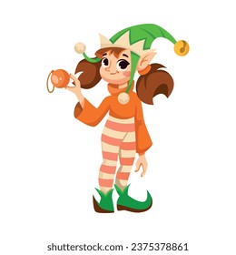 Funny Girl Elf Character with Pointed Ears Hold Bauble Vector Illustration