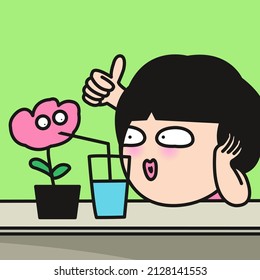 Funny Girl is Encouraging Flower To Drink More Water By Itself. Self Care. The Intimate Relationship Of Plants And People Concept Card Character illustration