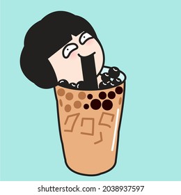 Funny Girl Enjoy Drinking Bubble Milk Tea While Laying In It Concept Card Character illustration