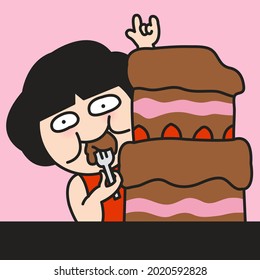 Funny Girl Enjoy Eating Cake Concept Card Character illustration