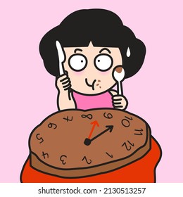 Funny Girl Enjoy Eating Clock Shaped Birthday Cake. Ageing Time Passing Getting Older Age Clock Concept Card Character Illustration