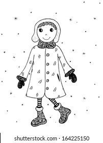 Funny girl  enjoying snowfall. Black and white illustration drawn by hand. Vector format. 