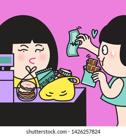 Funny Girl Enters The Check Out Line With Snacks At Grocery. Surprised Supermarket Store Shopping Cashier Check Out Woman Who Snacking While Shopping Concept Card Character illustration