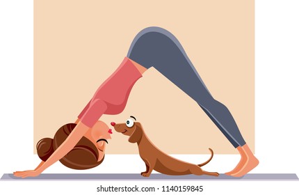 Funny Girl Exercising Next to Her Dog on Yoga Mat. Woman doing Pilates next to her pet friend stretching together 