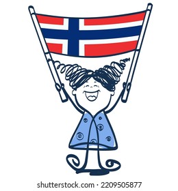 Funny girl with the flag of Norway in her hands