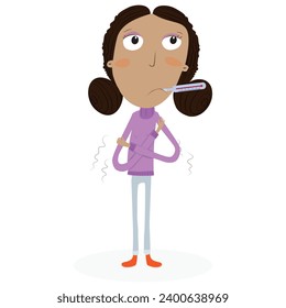 Funny girl with flu. Having a cold with thermometer in his mouth. Vector Illustration.