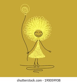 Funny girl with fluffy hairs on a walk with balloon in her hand