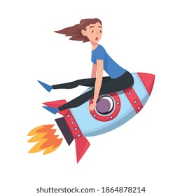 Funny Girl Flying on Space Rocket, Leadership, Achievement, Competition, Success Concept Cartoon Style Vector Illustration