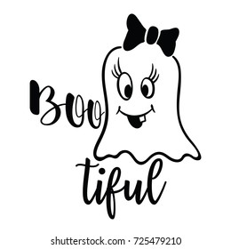 Funny girl ghost and inscription Bootiful. Design element for Halloween.