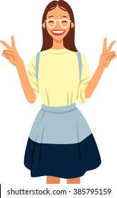 funny girl with glasses shows a finger victory sign