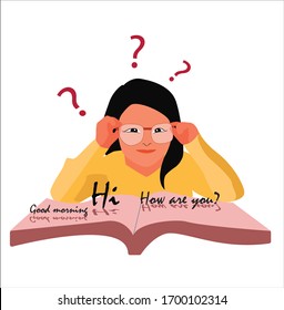 
A funny girl in glasses and a yellow sweater sits above a book. Learning foreign languages. The learning of English language. Illustration isolated on white in vector
