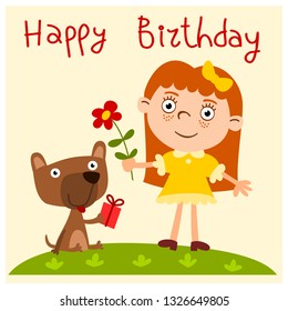 Funny girl going and puppy dog with gift and flower - happy birthday card.