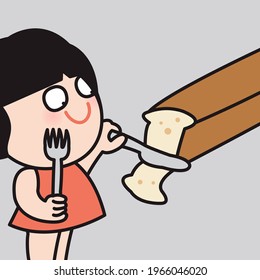 Funny Girl Hand Holding Knife Cutting Never Ending Slided Bread Concept Card Character illustration