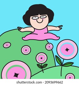 Funny Girl In A Happy Jump Flying Over Flowering Field Concept Card Character illustration
