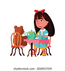 funny girl have tea party with teddy bear cartoon vector. funny girl have tea party with teddy bear character. isolated flat cartoon illustration