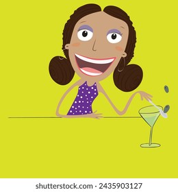 
Chica divertida que se divierte tomando un cóctel. Mujer divirtiéndose tomando un cóctel. Ilustración vectorial.